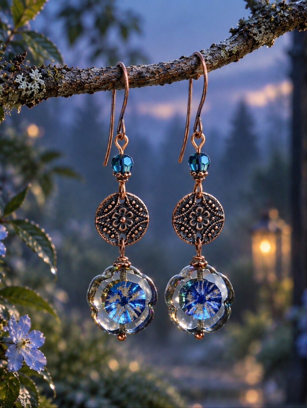 Blue Czech Glass Flower Earrings Copper Floral Dangles Hand Crafted